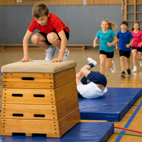 Kinder springen über einen Bock in der Sporthalle